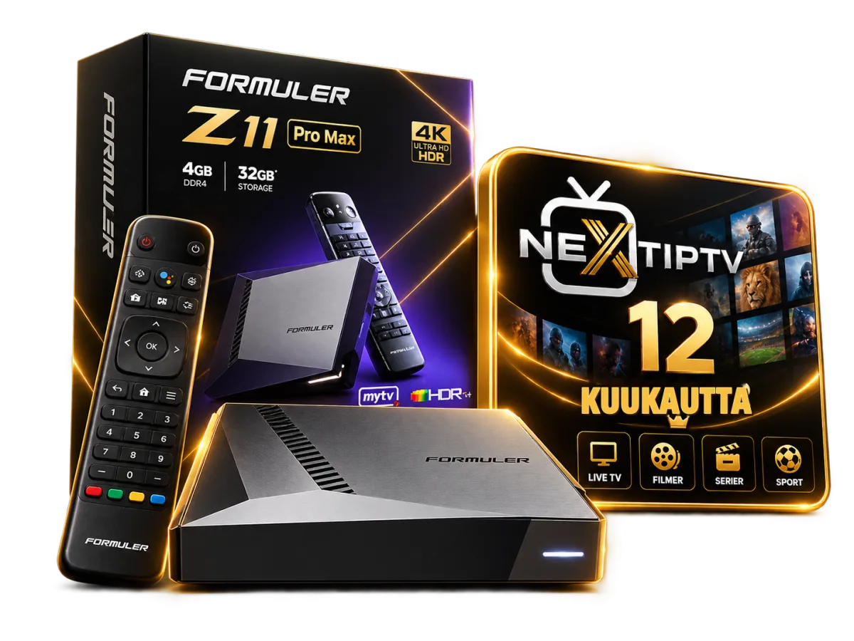 Formuler Z11 Pro Max, kaukosäädin ja IPTV Next -pakkaus 12 kuukaudeksi