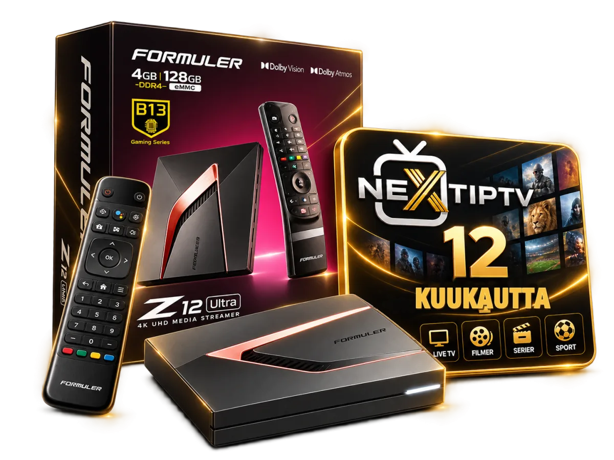 Formuler Z12 Ultra, kaukosäädin ja IPTV Next -pakkaus 12 kuukaudeksi