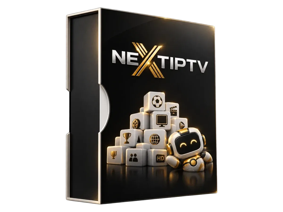 IPTV Next TV subscription: black package with the IPTV Next logo and icons for sport, film and TV